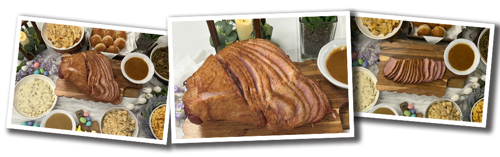 Photos of MISSION BBQ Easter Meals. One large meal. One XL meal and a photo of a spiral cut ham.