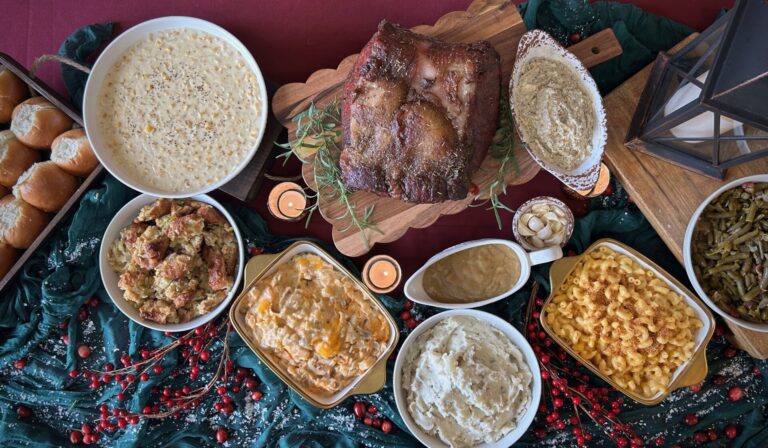 Holiday Table with Smoked Strip Loin and 6 of homemade sides.
