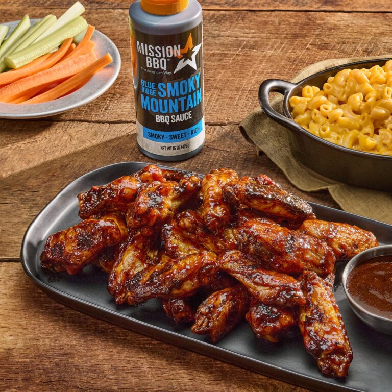 A plate of chicken wings with Blue Ridge Smoky Mountain BBQ sauce