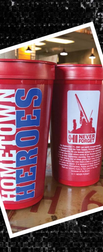 The red 9/11 NEVER FORGET Hometown Heroes cups.