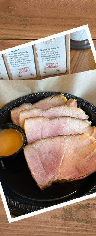 Image of sliced Hickory Smoked Ham on a black plate.
