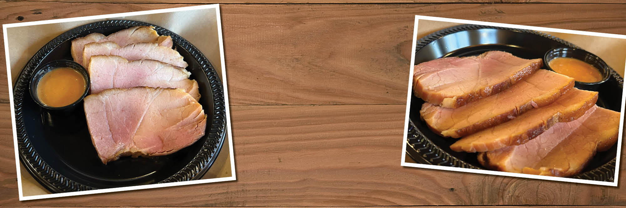 Two images of sliced Hickory Smoked Ham on black plates.