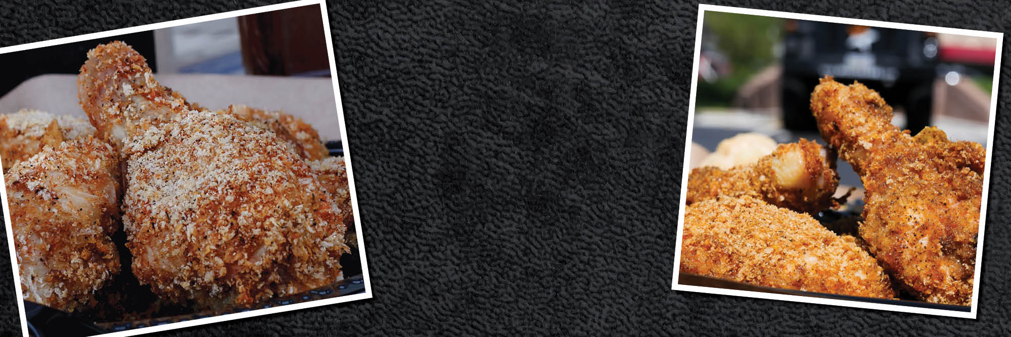 Two images of our Ricky Bobby Chicken Legs.