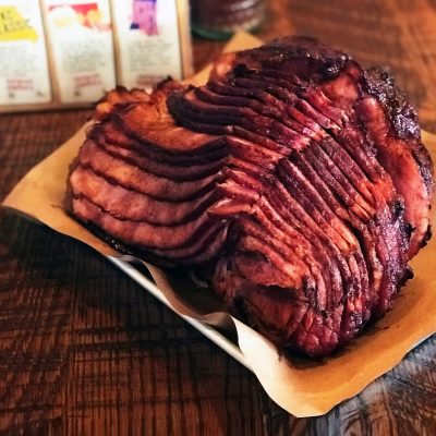 Smoked Spiral Cut Ham on a table.