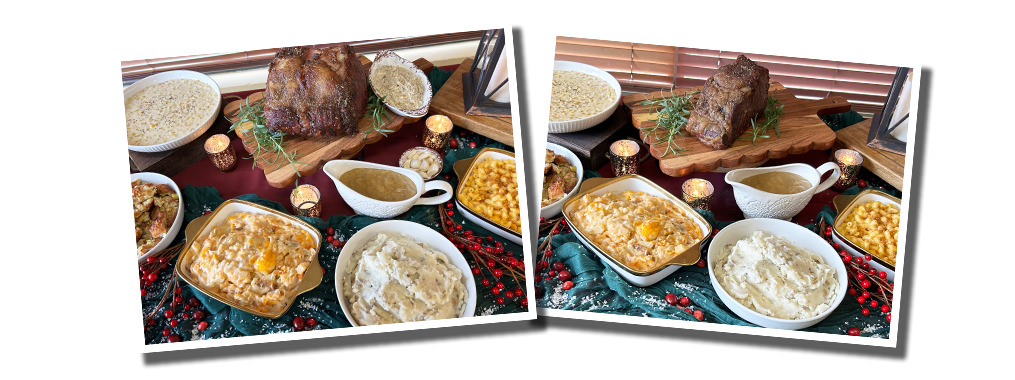 two photos as a collage showing a Large Strip Loin Holiday Meal and an XL Strip Loin Holiday Meal